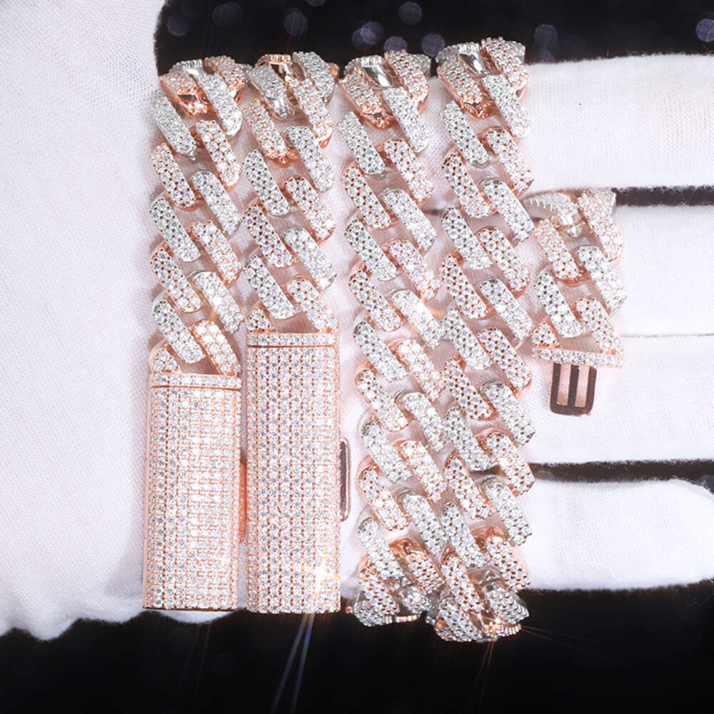 Custom Pass Diamond Tester Vvs Moissamite Diamond Two Tone 2 Row 10 Mm 12 Mm Hip Hop Necklace 925 Jewelry Cuban Link Chain