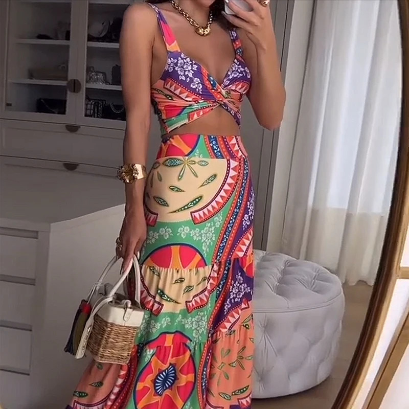 Wefads Two Piece Set Women Summer Casual Retro Printed Sleeveless V Neck CrissCross Vest Top Loose Long Skirt Sets Streetwear 240423