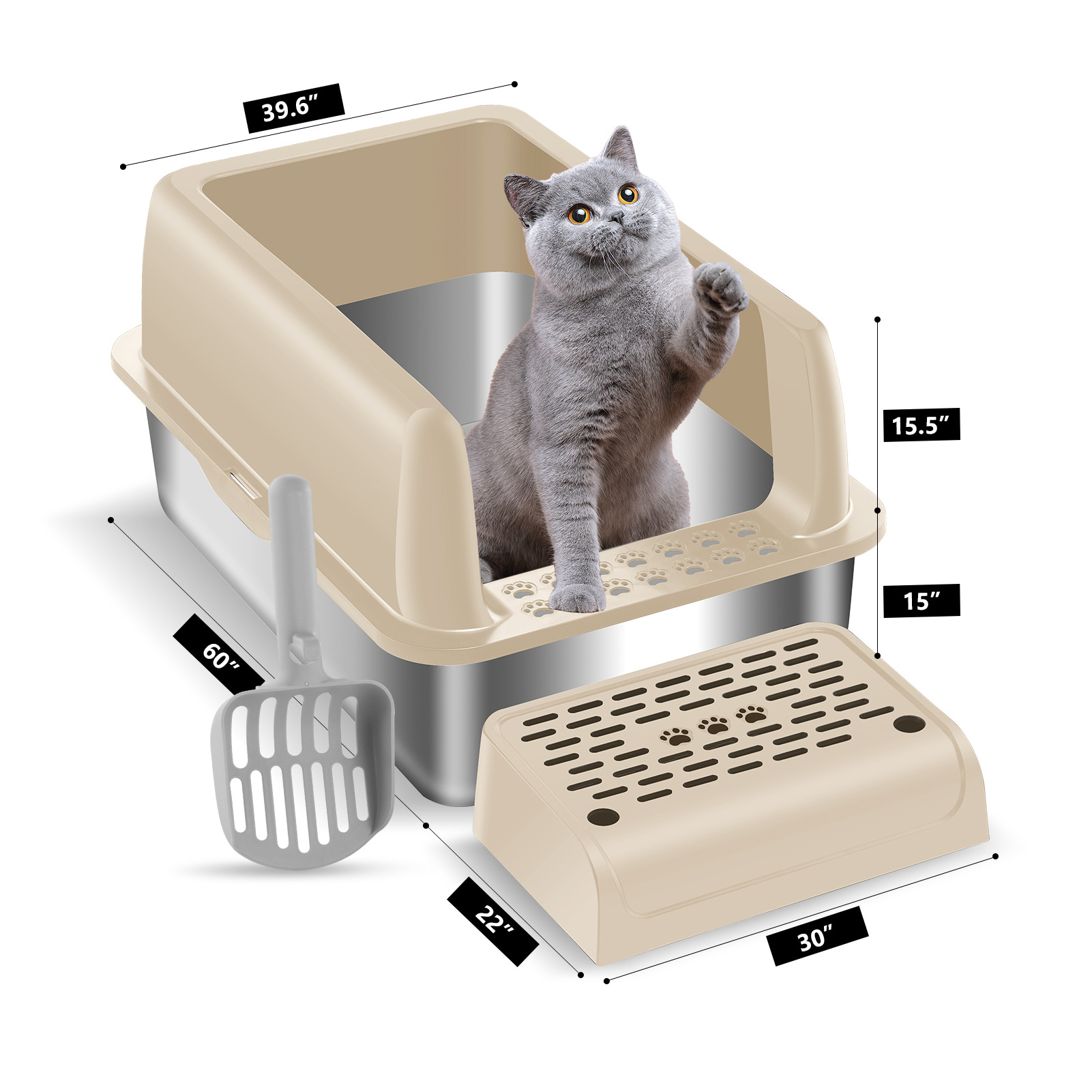 Oversized Deepen Semi-Enclosed Cat Litter Box Stainless Steel Cat Litter Tray Stainless Steel Cat Toilet Potty Litter Pan