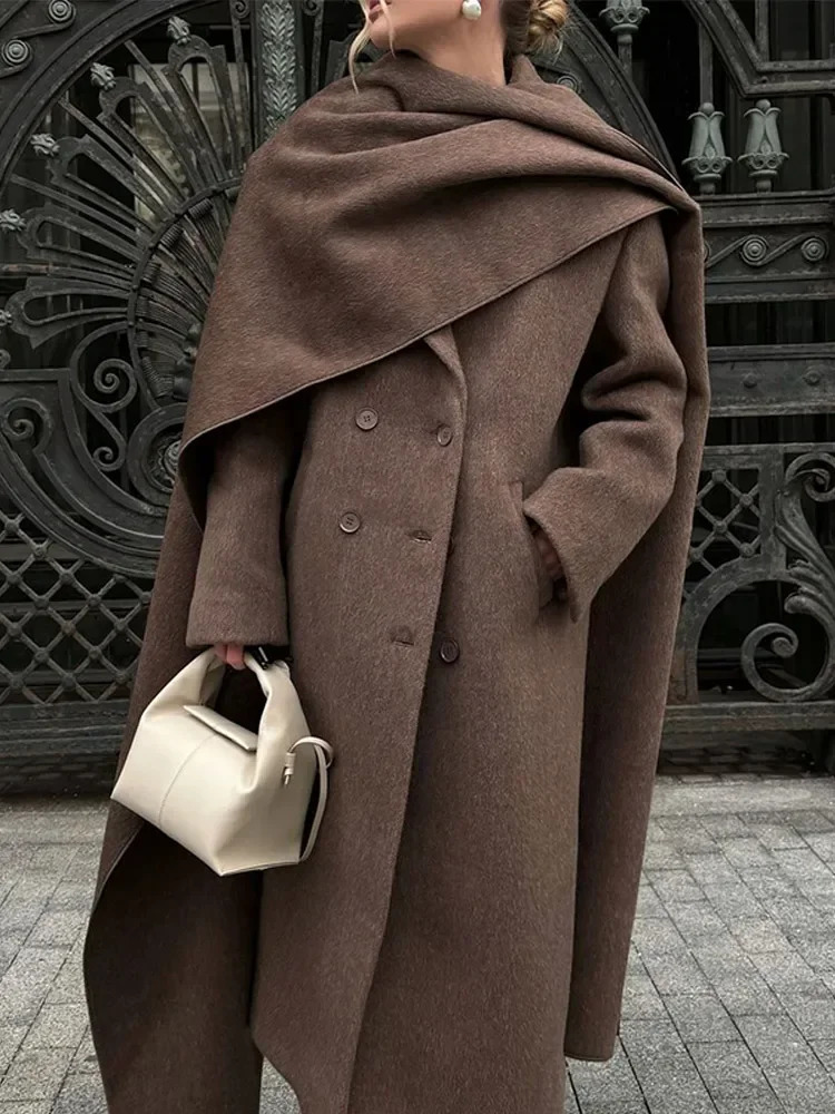 Elegant and warm scarf collar long sleeved coat fashionable solid double-layer pocket wool coat womens winter long sleeved 241122