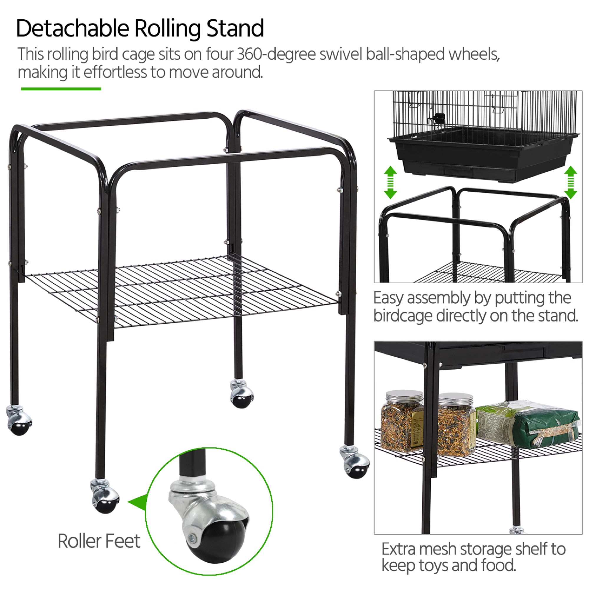 Topeakmart Black Metal Bird Cage with Detachable Rolling Stand for Small Birds, 47" H