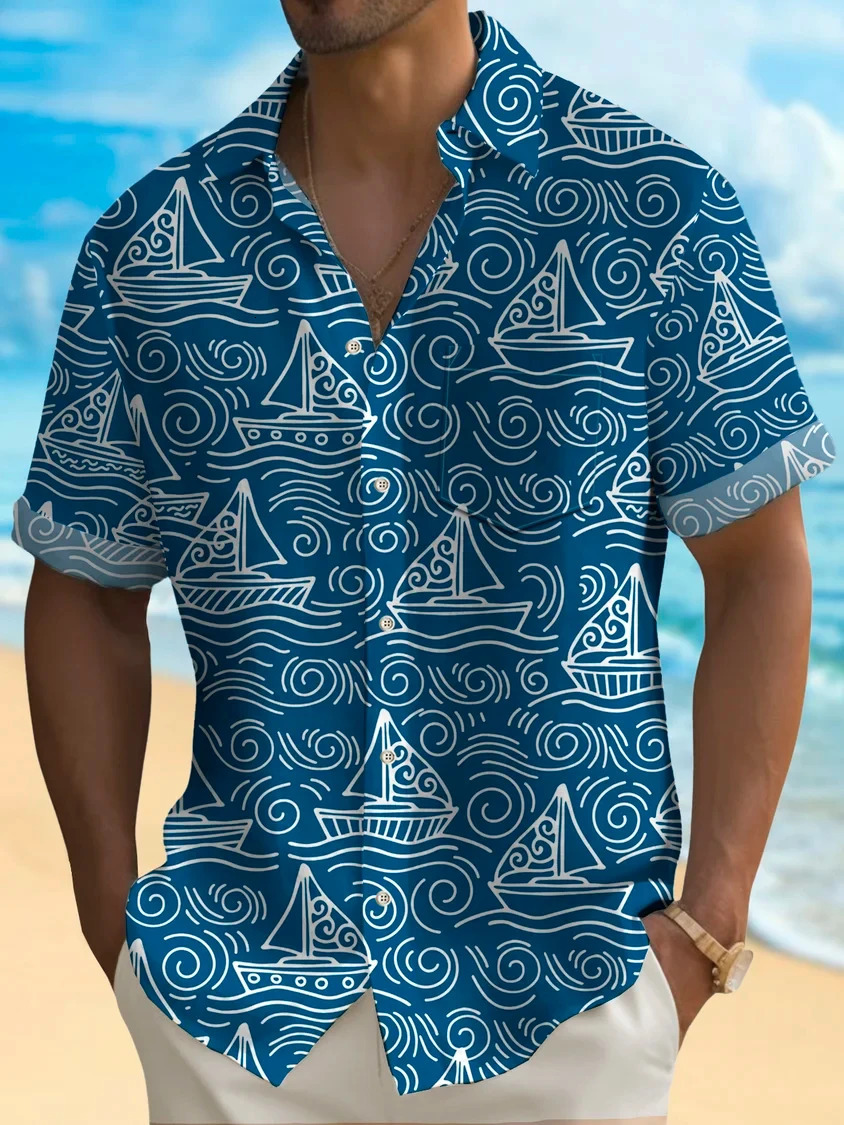 Beach Hawaiian Casual Mens Shirt Outdoor Street Daily Fall Turndown Short Sleeve Fashion Buttoned for Boys 240419