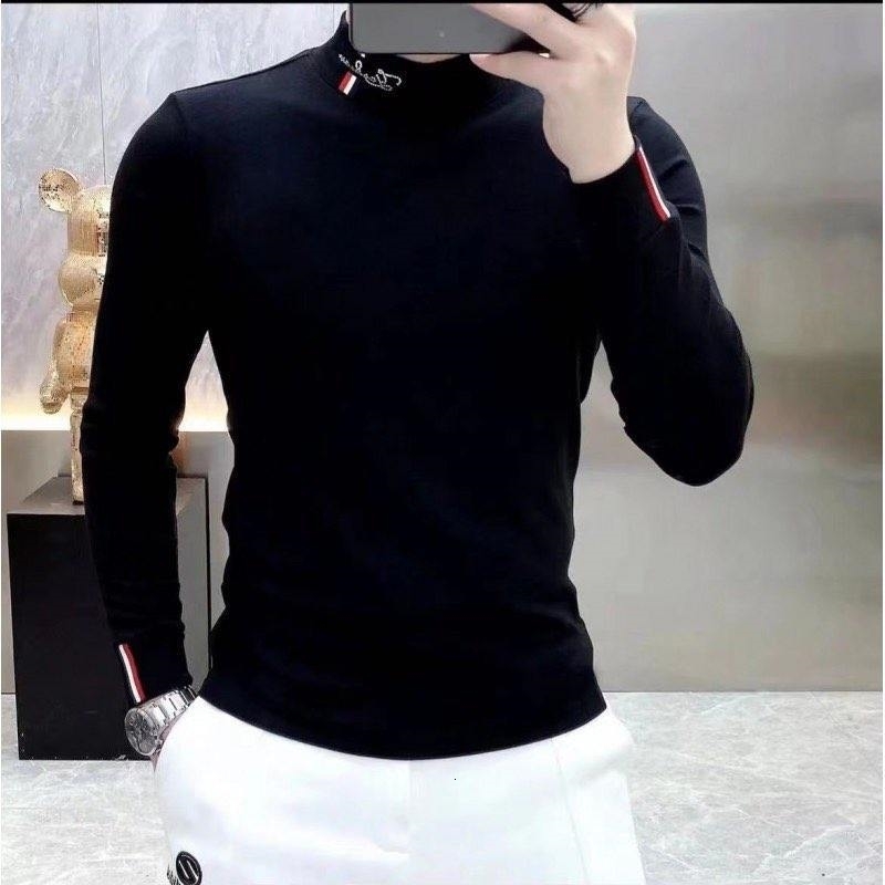 Winter thick and warm mens long sleeved T-shirt fashionable slim fit casual plain collar bottom shirt breathable floral top 241118CJ