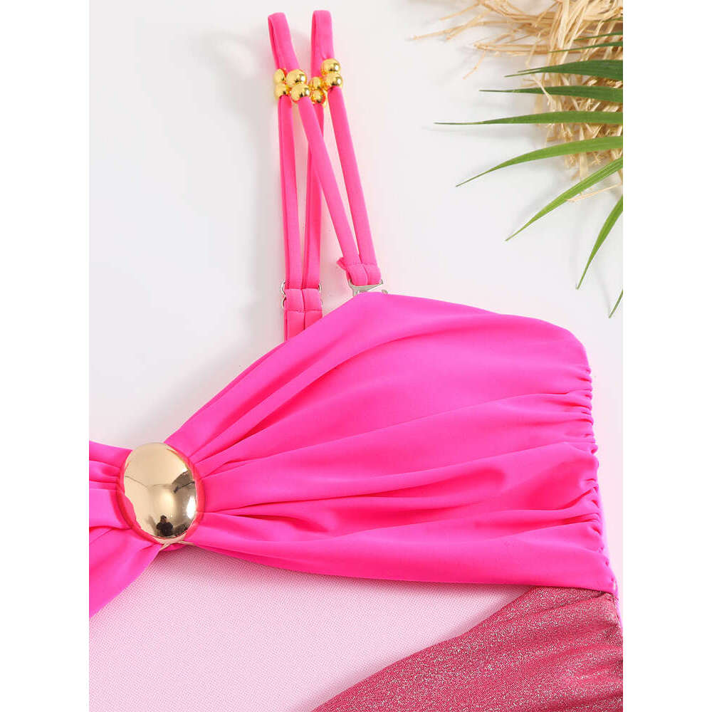 Elegant Color Blocking One Piece Swimsuits 2024 Woman Sexy Hollow Out Bikini Swimwear High Waisted Backless Pink Bathing Suit