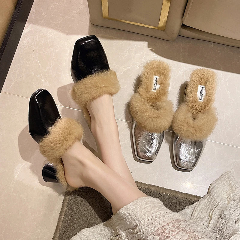 Winter Women Fur Shoes Elegant Fashion Closed Toe Mules High Heel Height Shoes Lady Sexy Chunky Soft Warm Slippers 241125