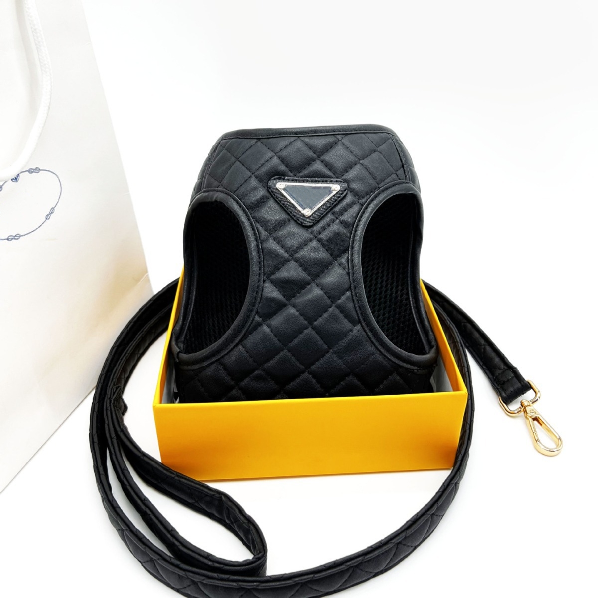 Set Designer Leashes Adjustable PU Leather Step in Dog Harness with Classic Letter Pattern for Small and Medium Dogs French Bulldog Brown L s df2