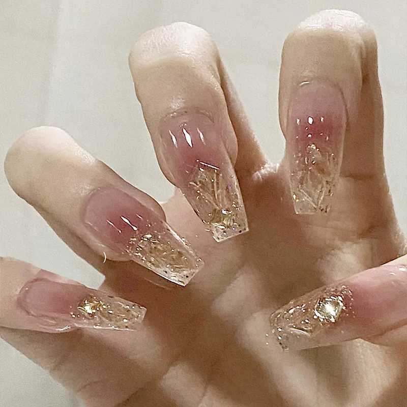 24 pieces/1 box of long ice penetrating square diamond sparkling pure fake nailsW241125