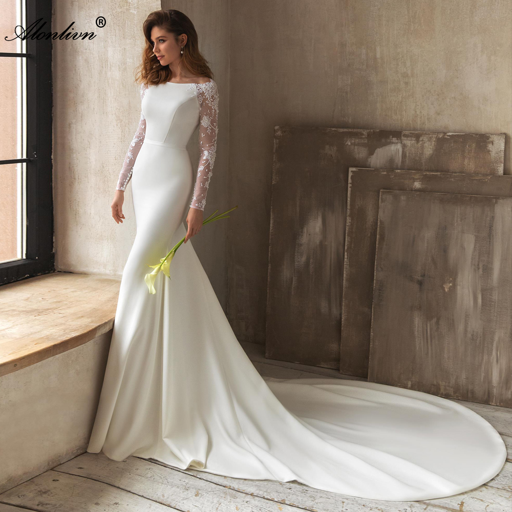 Elegant Satin Ruched Jewel Mermaid Wedding Dress With Backless Beading Lace Full Sleeves Trumpet Bridal Gowns 2024