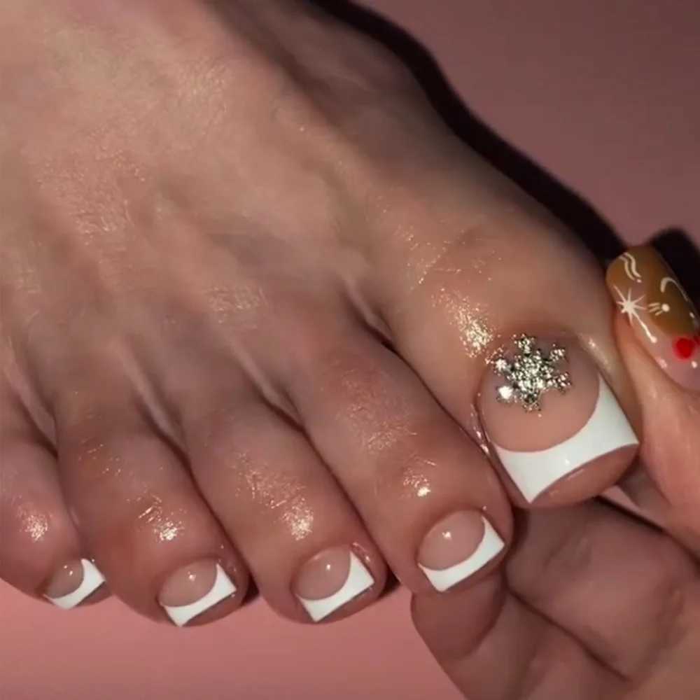 White French fake Toenails rhinestone design womens fake Toenails acrylic nail tips full set of wearable 24 piecesW241125