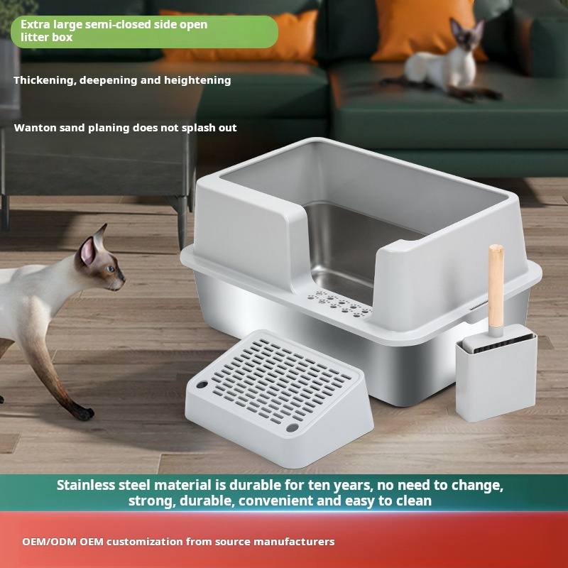 2024 New wn Stainless Steel Cat Litter Box Cat Litter Tray Semi-Closed With High Side Cat Litter Tray Sandbox With Scoop Pet