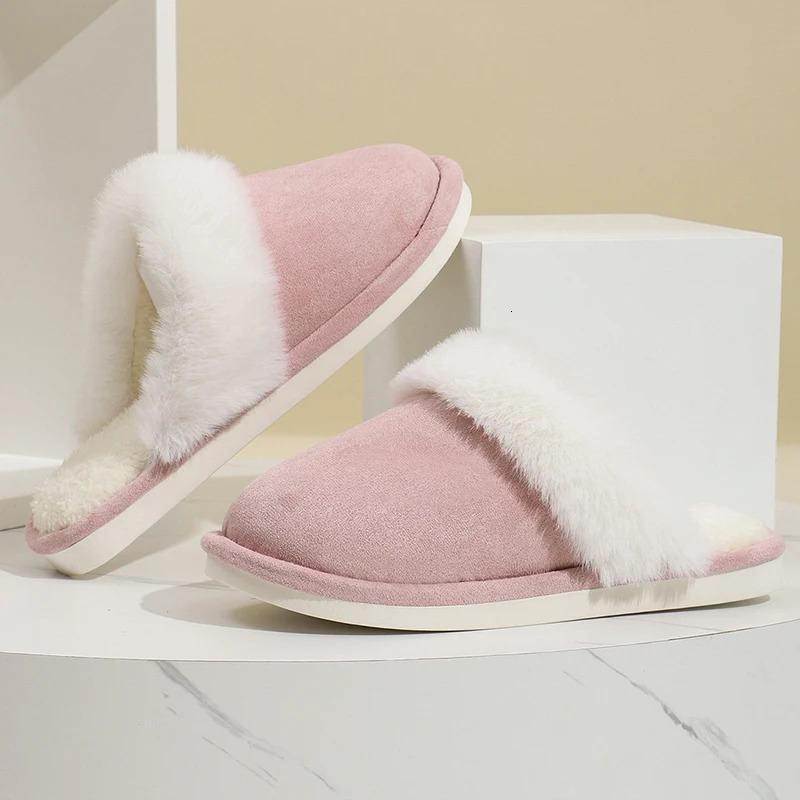 Lucyever Pink Faux Suede Faux Fur Slippers Women Home Warm Non Slip Slides Woman Causal Flat Heels Plush Slipper Shoes Female 241125