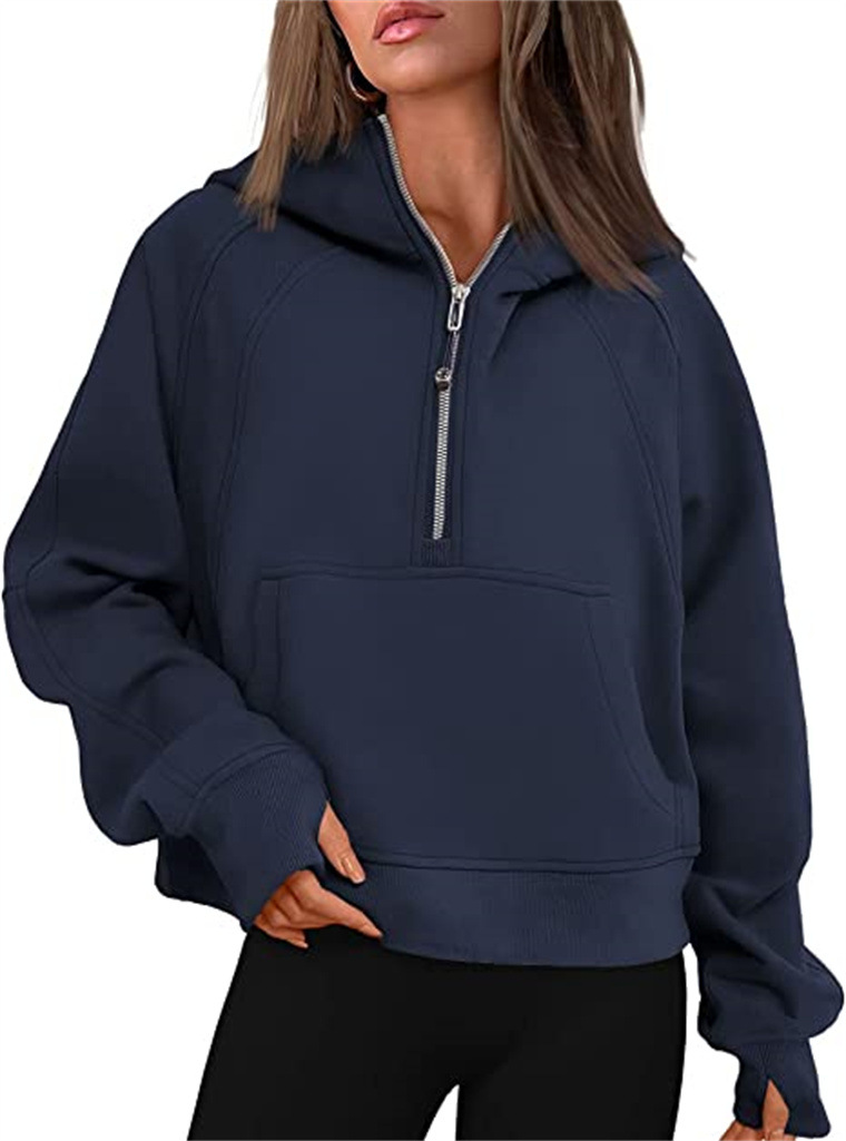 Yoga Half Zipper Scuba Hoodie Thumb Hole Thick Hooded Coat Sports Gym Fitness Women's Jacket Sweater