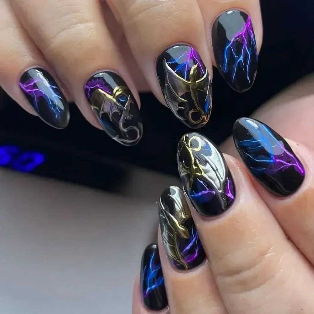 24 pieces of Purple Heart Almond Fake Nails easy to artificial with glue French wearable fake nails full set of nail pressing tips artW241125