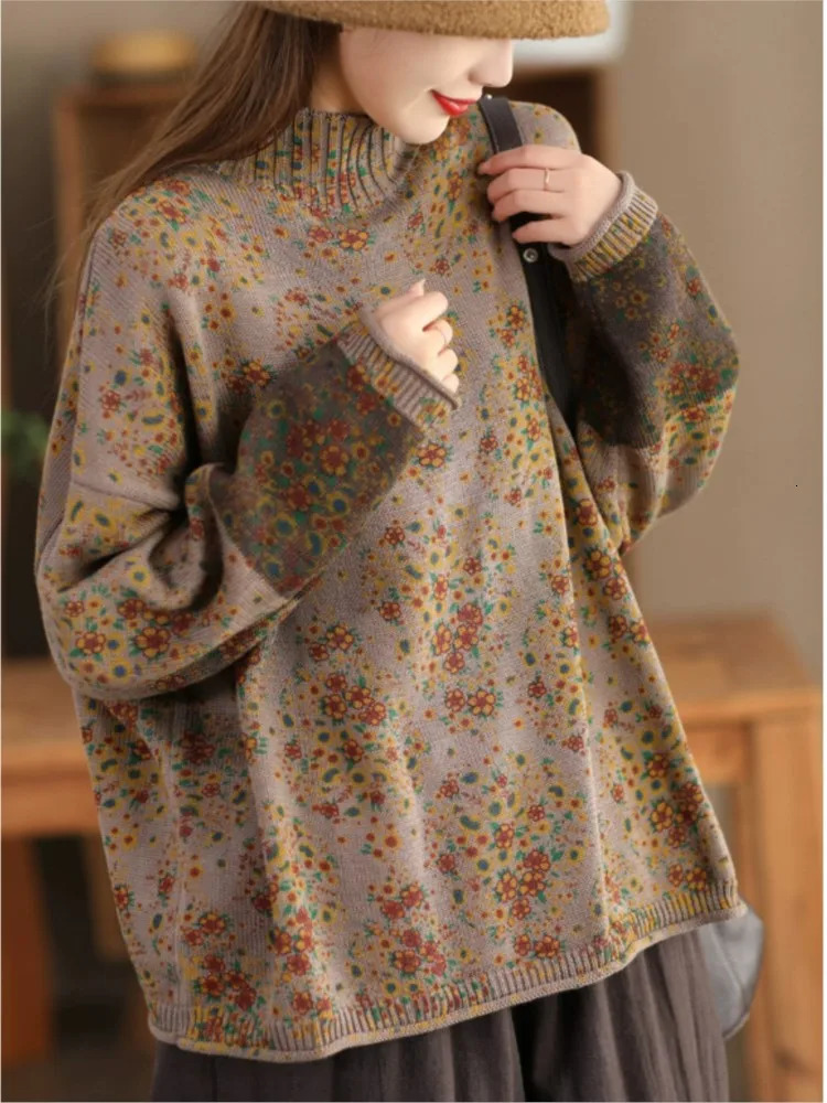 Johnature Women Pullover Sweaters Mock Neck Long Sleeve Patchwork Print Floral Spring Knitted Cotton 241122