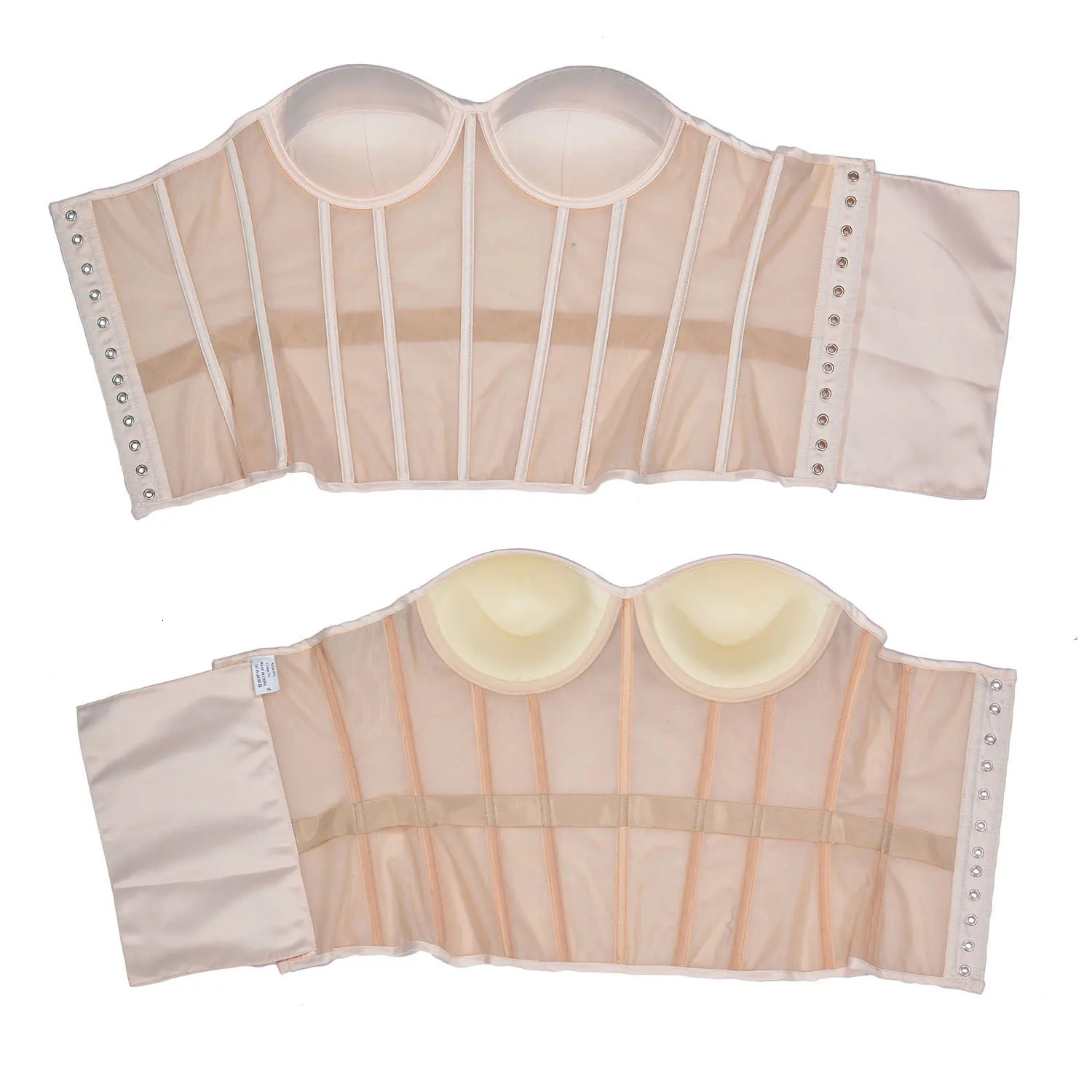 Abdominal Corset Double Layer Transparent Mesh Breathable Bustiers With Bra Lace Up Bones Bodices Beige XS TO 3XL For Dresses 241122