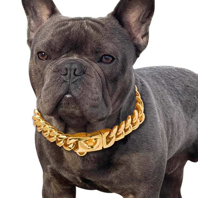 Durable gold dog collar stainless steel Cuban chain 14mm wide metal pet necklace suitable for small medium and large dog collar products X250129
