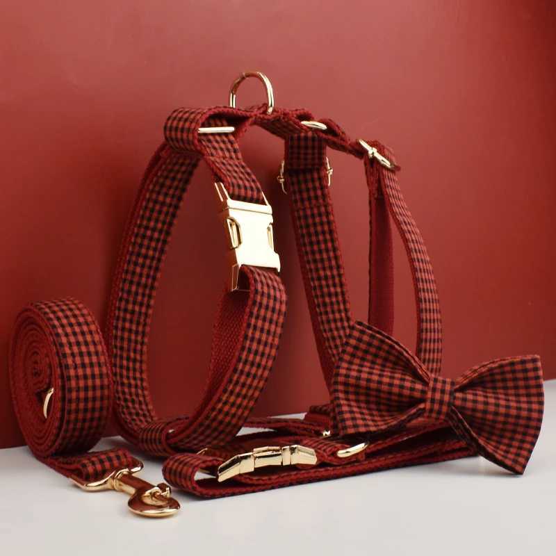 Newly arrived custom designer gray checkered soft cotton dog collar belt shoulder strap poop bag holder bow set grid 04 X241125