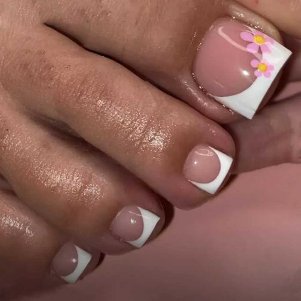 White French fake Toenails rhinestone design womens fake Toenails acrylic nail tips full set of wearable 24 piecesW241125