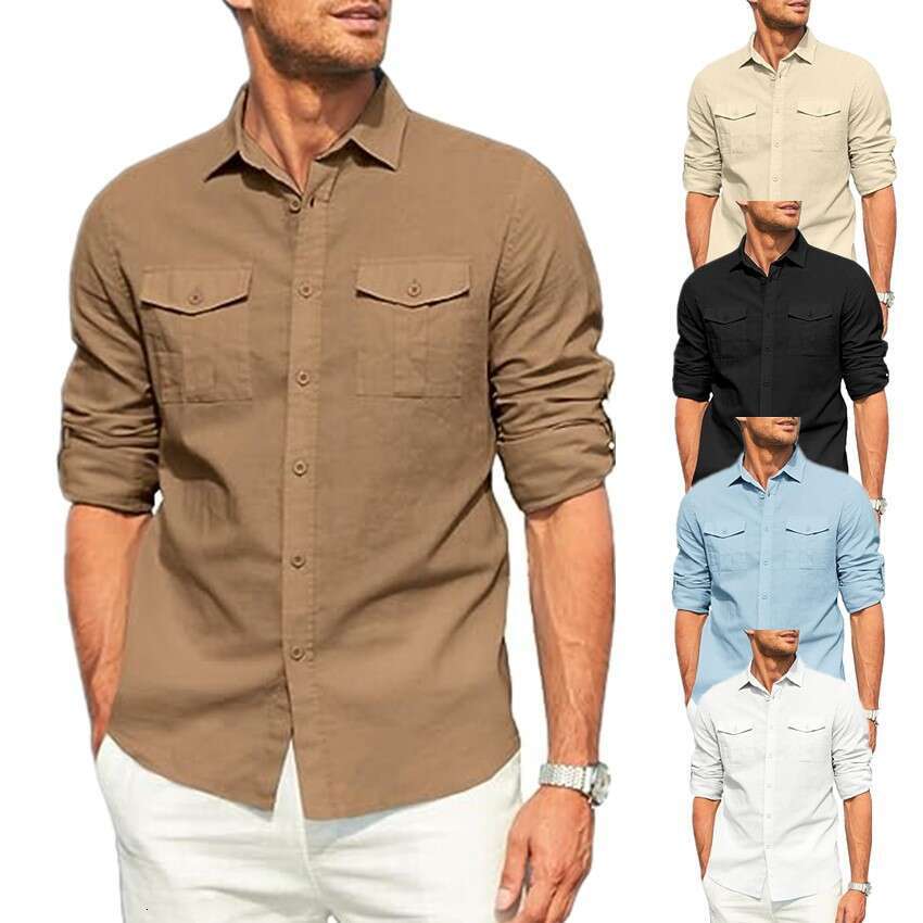 European American Men's Shirt With Double Pockets, Cotton And En Long Sleeves For Leisure Vacation B1