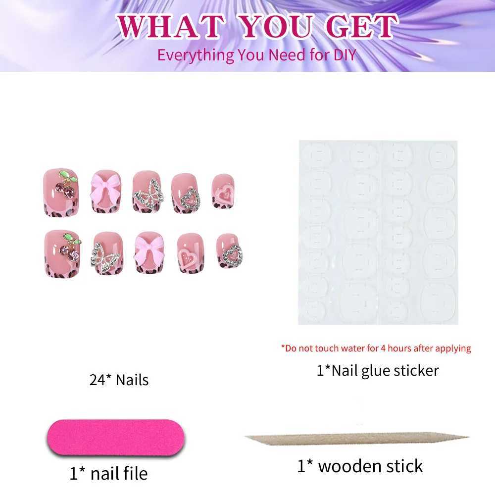 24 pieces of short oval shaped Love Cherry 3D butterfly leopard printed fake nails detachable pressure nails bright facial fake nails fully coveredW24