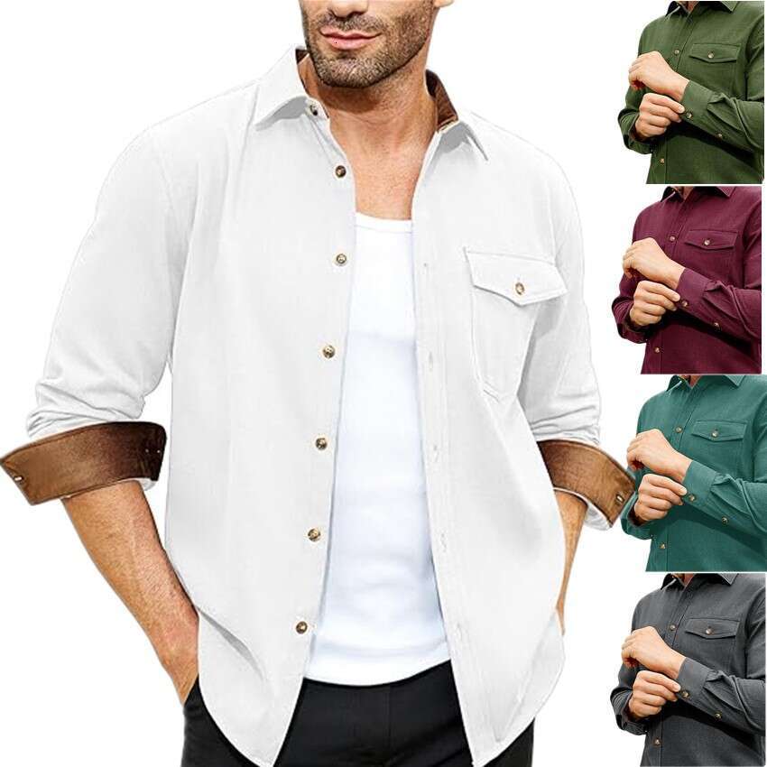 Autumn And Winter New Long Sleeved Plain Collar Daily Vacation Solid Color Men's Shirt B4