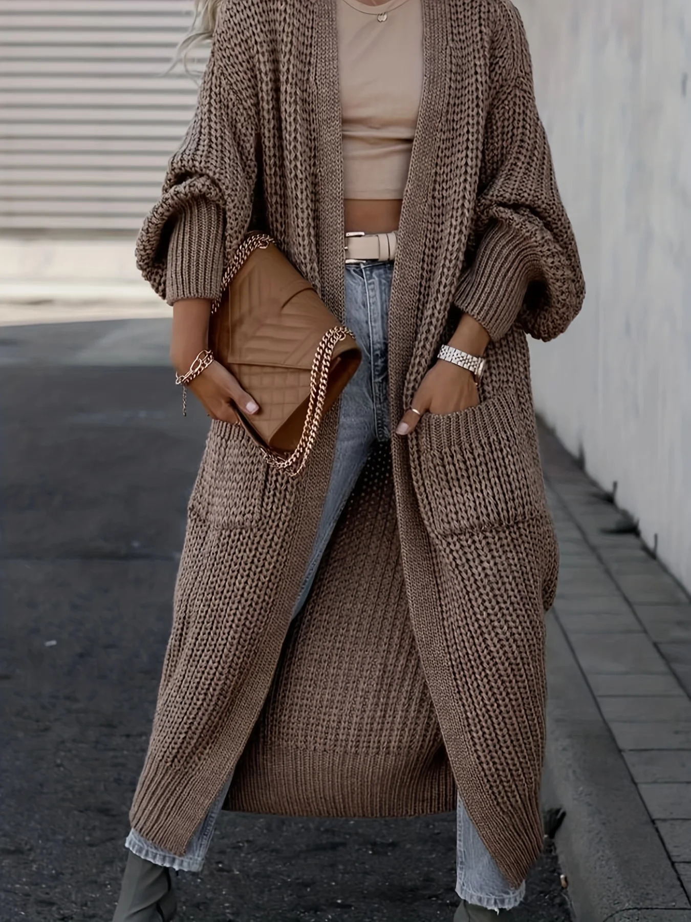 Solid Open Front Pocket Cardigan Casual Long Sleeve Length Sweater for Fall Winter Womens Clothing 241112