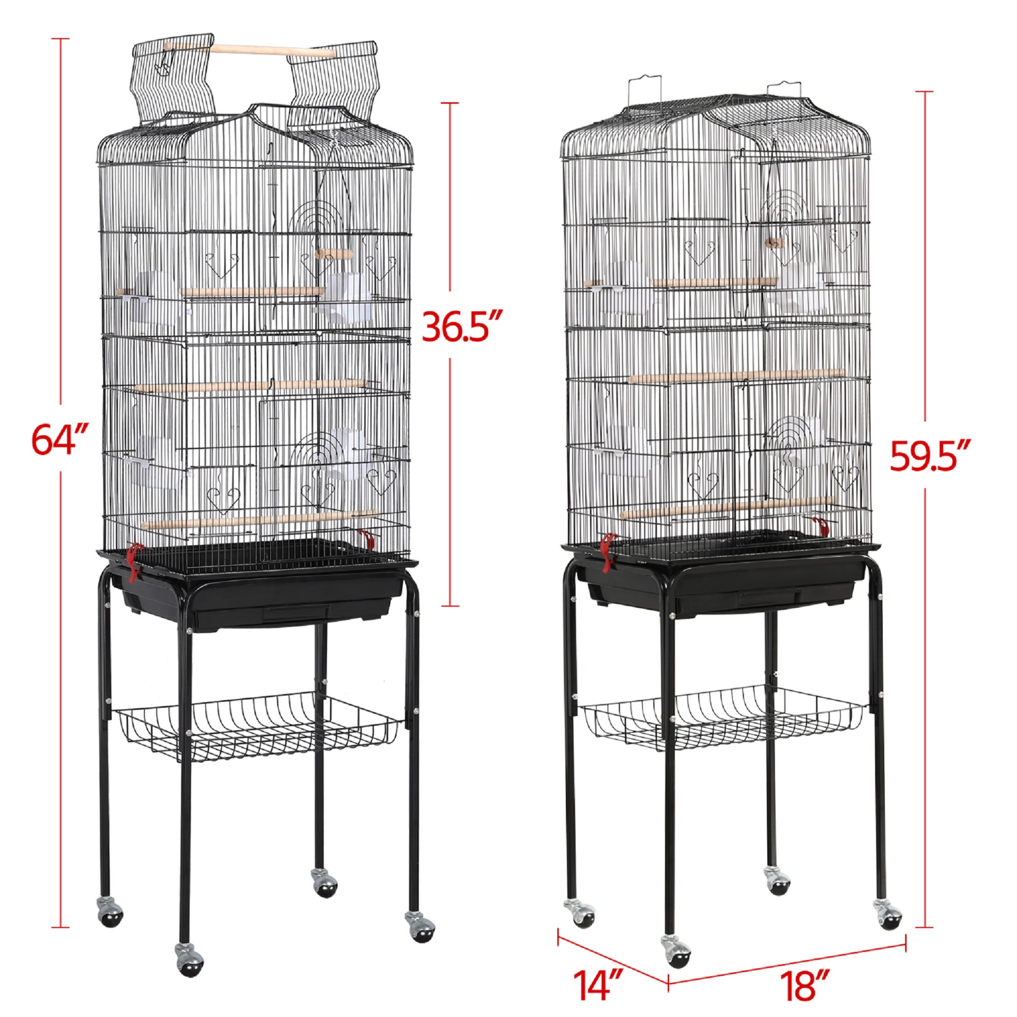 Topeakmart Black Open Top Metal Bird Cage with Rolling Stand, 64" H