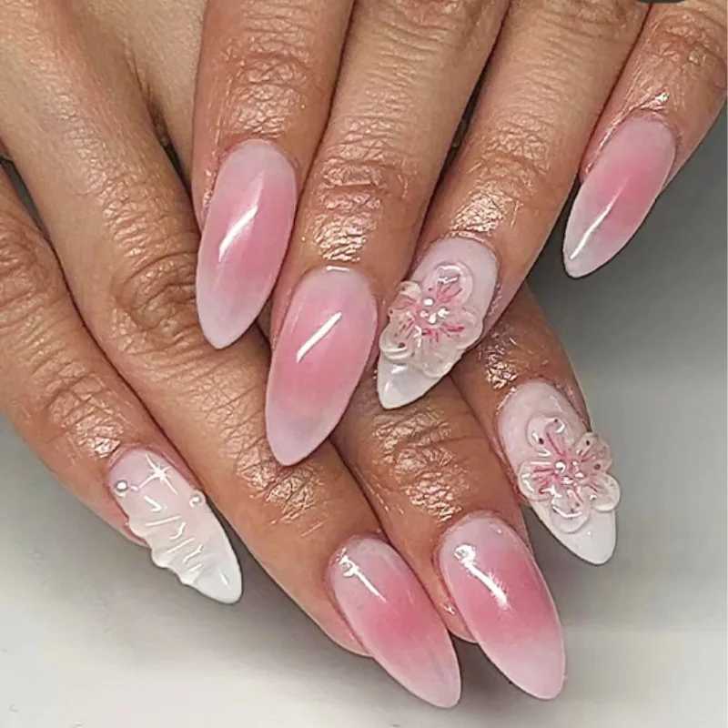 24 pieces of colorful cat eye fake nail art rainbow design complete set of nail tips simple long almond fake nails oval shaped fake nails pressed on t