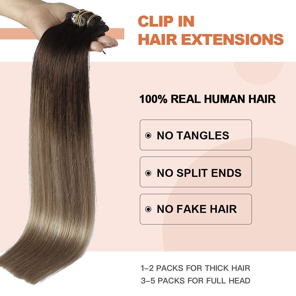XDhair clip on hair extensions 100g 6 pieces 16 inch Balayage dark brown to chestnut brown and dirty blonde clip on hair 241125