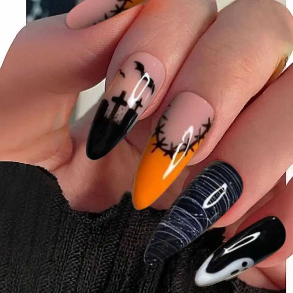 24 pieces of rose rhinestone Halloween skull fake nails fully covered detachable press fit wearable long-lasting fake nailsW241125