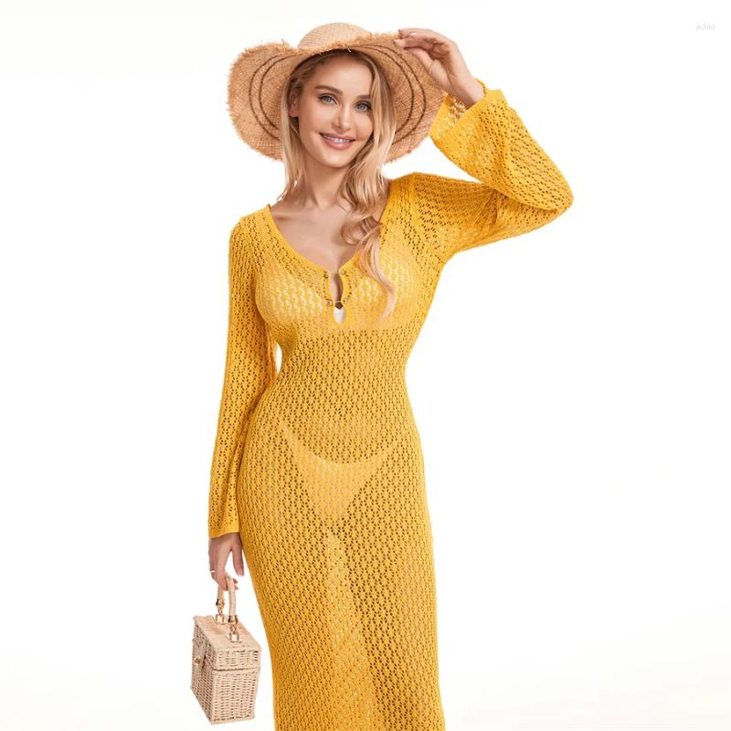 Backless Hollow Out Crochet Beach Long Dress Womens Sexy See-Through Sleeve V Neck Wrap Bodycon Bikini Cover-ups