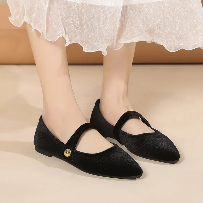 Fashion Womens Pointed Toe Flat Shoes with Velvet Matte Finish Single Women Comfort Loafers Shoes Leather Mary Jane Shoes 241125