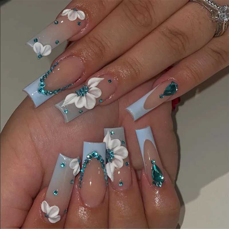 24Pcs Gradient Purple Ballet False Nails with Butterfly Rhinestone Long Square Manicure Press on Nails Wearable Fake NailW250120