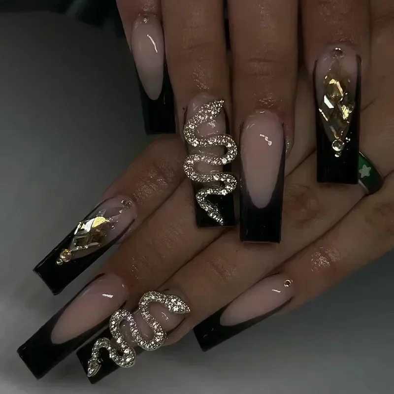 Luxury 24 Pieces Long Coffin Glue Wearable Brown Fake With Rhinestones Ballet Pressed Nails Full Set maquillaje Of Nail Tips H260209