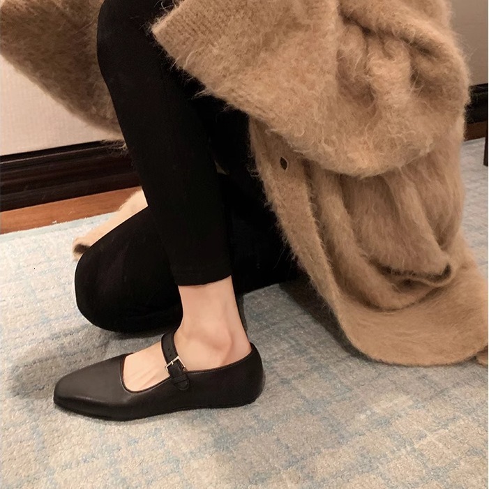 Sheepskin Edition~Square Head Mary Jane One Button Versatile Black Flat sole Single Shoes Women's Soft Leather Shallow Mouth Flat sole Small Leat