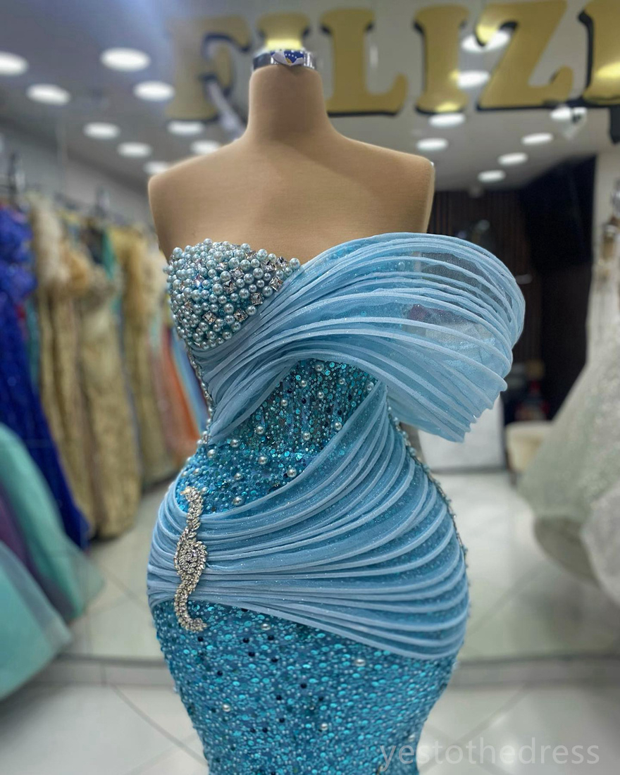 2024 Plus Size Blue Prom Dresses for Black Women Promdress Illusion Beaded Lace Pearls Rhies Decorated Birthday Party Dress Second Reception Gowns