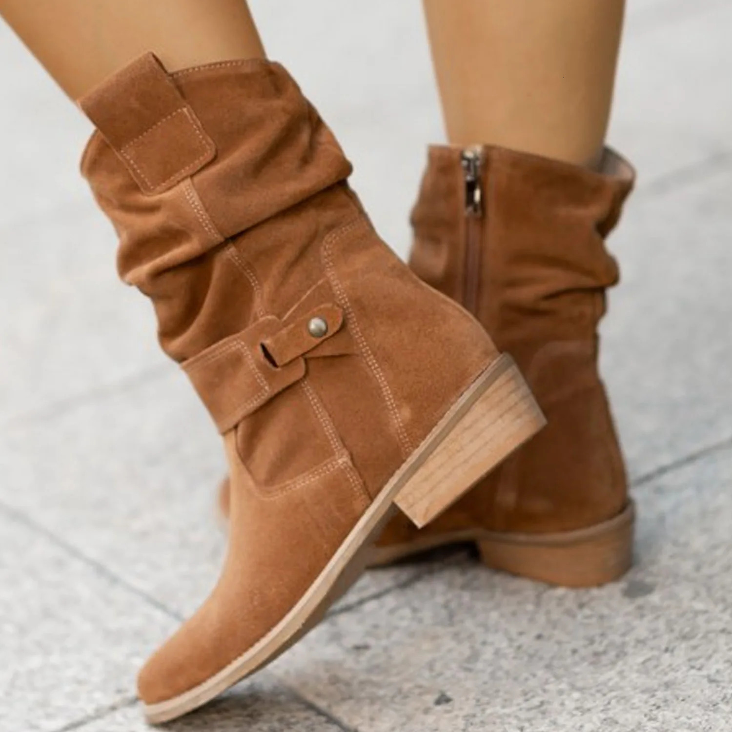 Winter Womens Boots Large Low Heel 40-43 Suede Ankle Boots for Women Brown Long Boots 241125