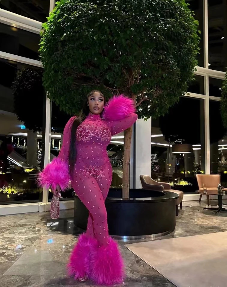 Women Sexy Mesh Bodycon Feathers Shinning Crystal Jumpsuits Nightclub Party Birthday Performance Costume Stage Wear Guibin 241121