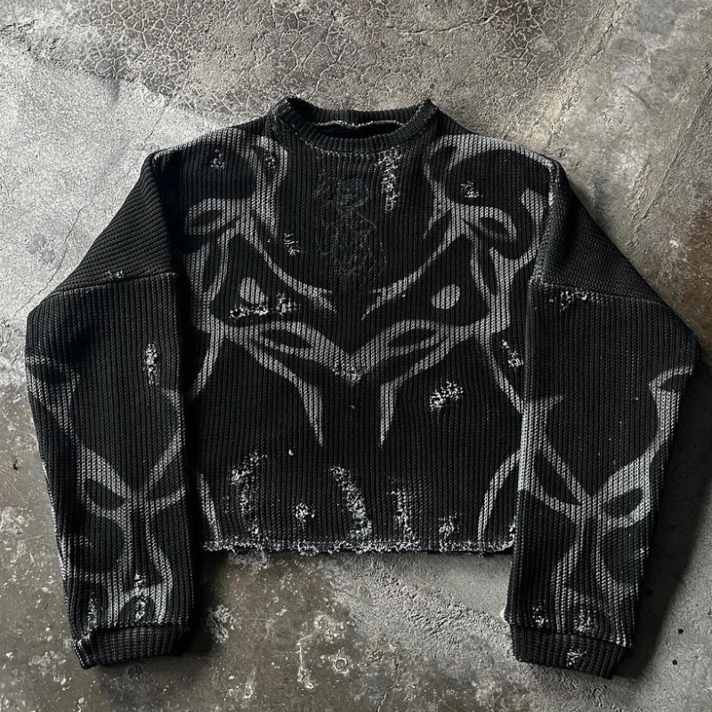 Y2K Harajuku Long Sleeve Sweater Sweatshirt vintage Stripe Embroidery Savage Color tops High Street Men Women Slim Fit Pullovers 241125