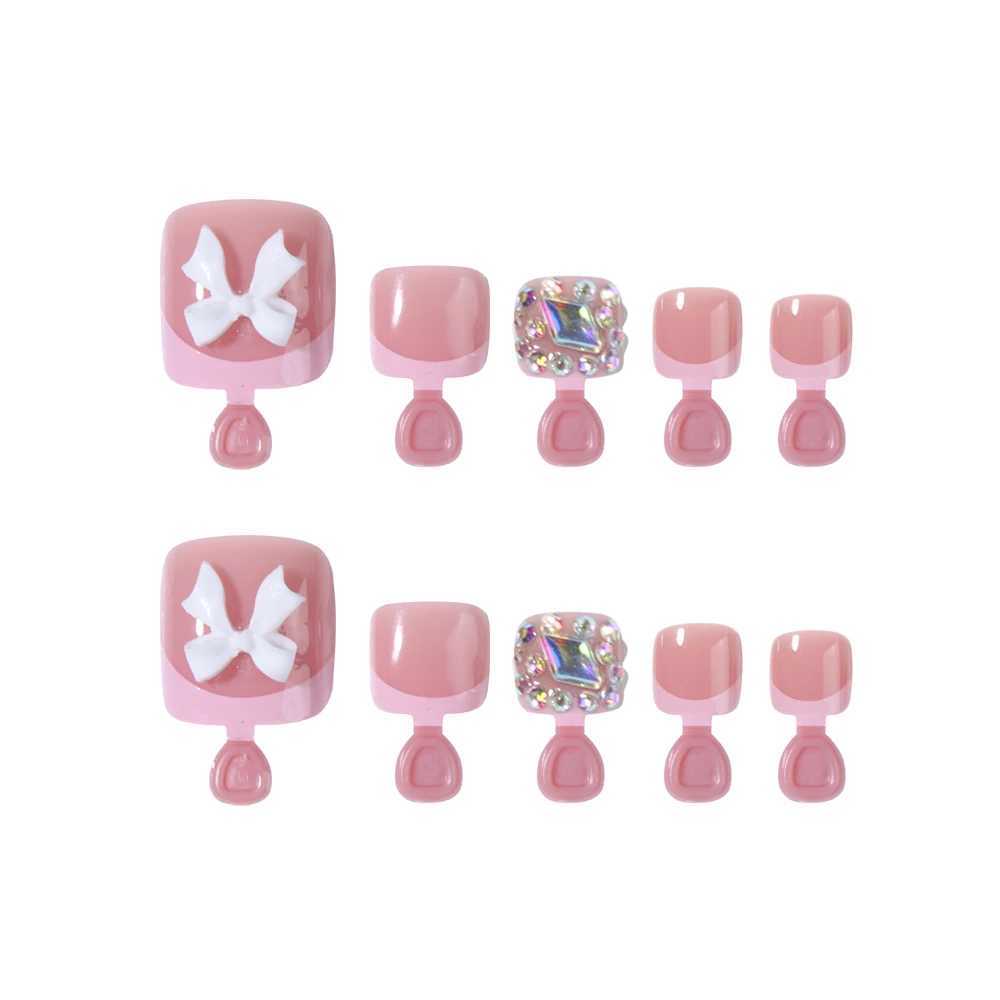 24 pieces of press detachable toenail short fake nail white bow sticky diamond design square nails reusable suitable for womenW241125