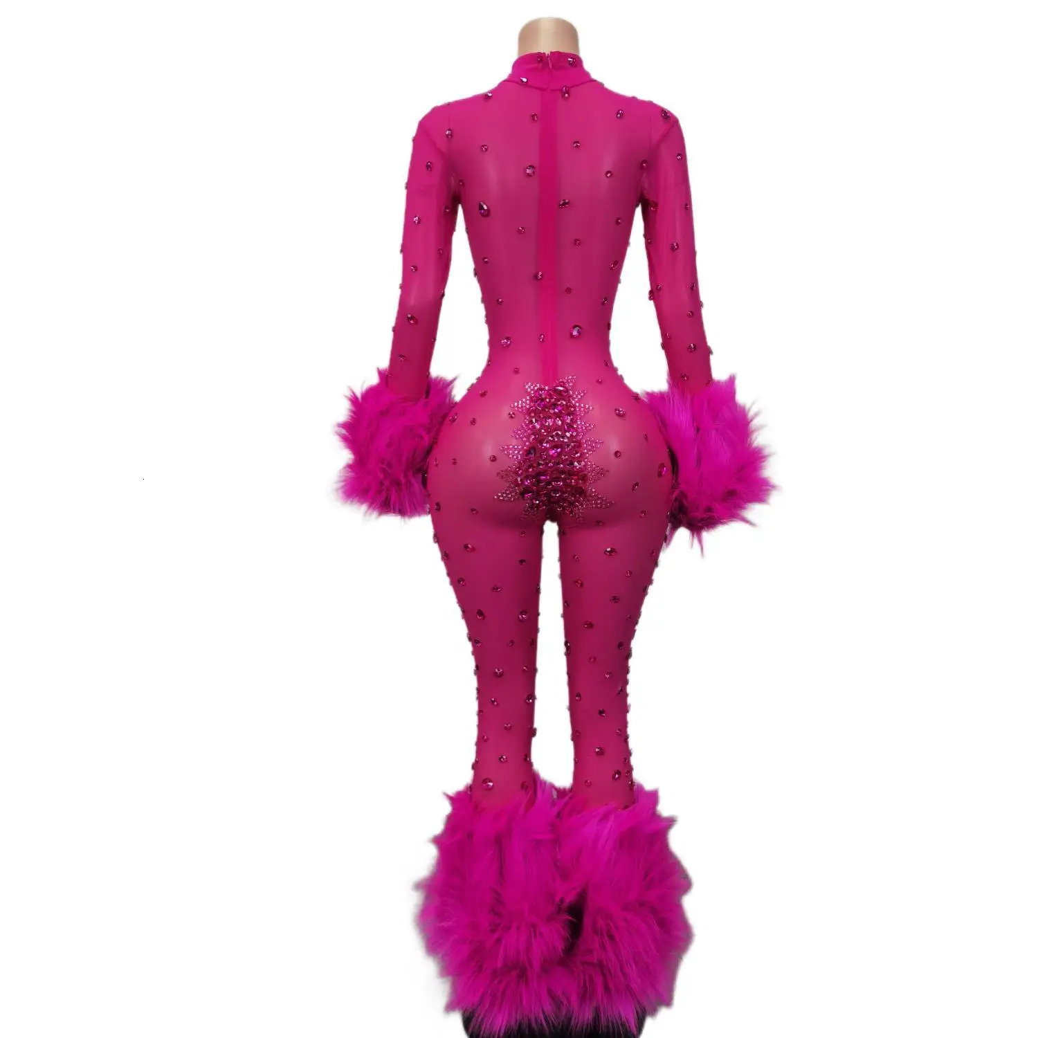 Women Sexy Mesh Bodycon Feathers Shinning Crystal Jumpsuits Nightclub Party Birthday Performance Costume Stage Wear Guibin 241121