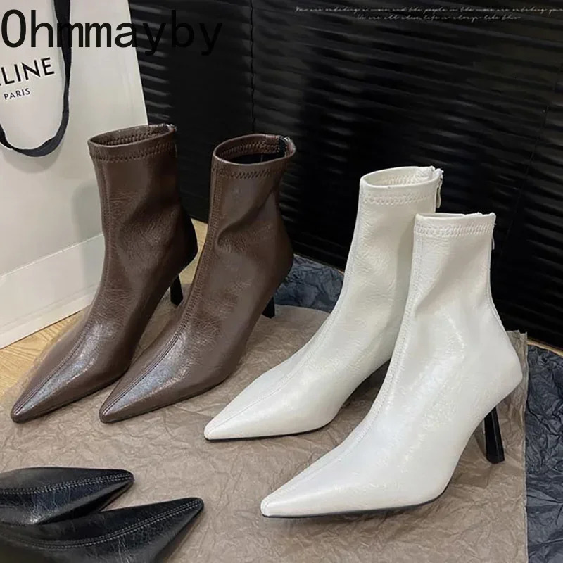Pointed Toe Women Slim Ankle Boots Fashion Back Zippers Shoes Autumn Winter Thin High Heel Womens Morder Short Booties 241125