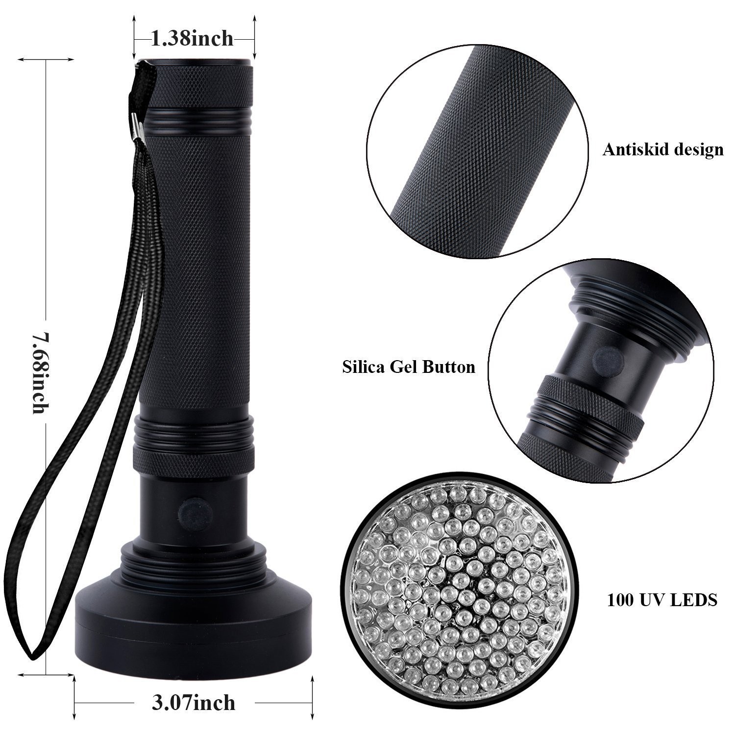 Aluminium High Quality Bulb 100 UV Leds Battery Powered 51 Antiskid Design Silica Gel Button Purple Light Flashlight For Dog Pet