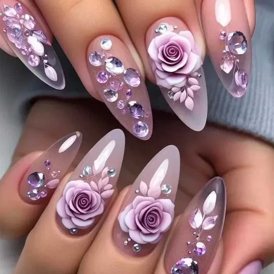 24 pieces of Purple Heart Almond Fake Nails easy to artificial with glue French wearable fake nails full set of nail pressing tips artW241125