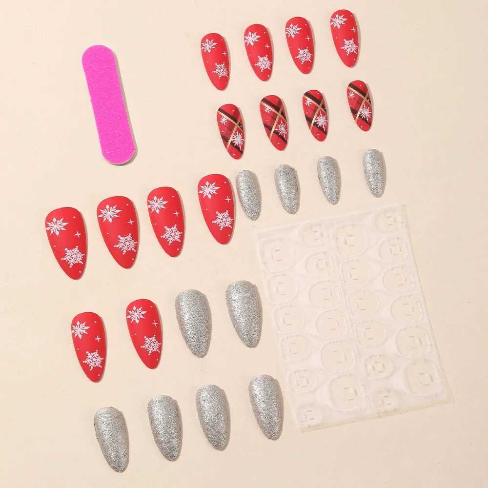 24 Almond Christmas French Ballet Fake Nails Detachable and Wearable Ergonomic Extension Full Set of Fake Nails Pressed on Girls NailsW241125