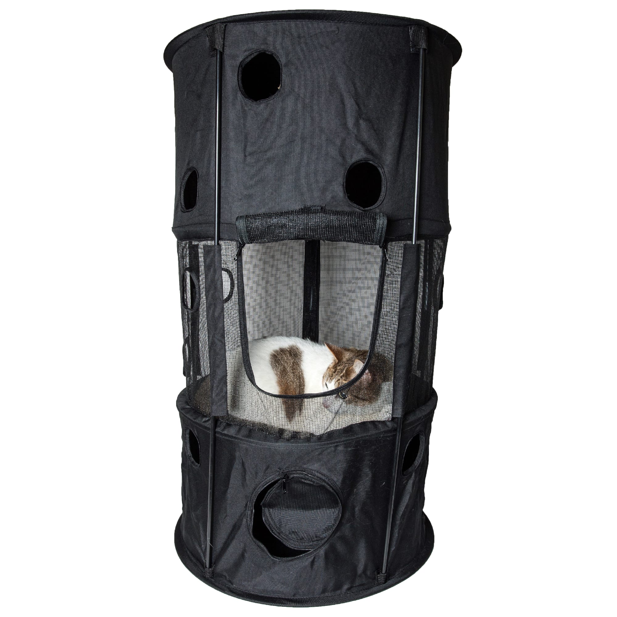 Pet Life Black Climbertree Circular Obstacle Play-Active Travel Collapsible Travel Cat House, 13.2" L X 13.2" W X 39.4" H