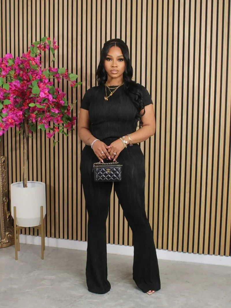 Women Solid Summer Ribbed 2 Piece Set Casual Tracksuits Short Sleeve Tshirts Tops Slim Flare Pants Fashion Outfit Suits 240423