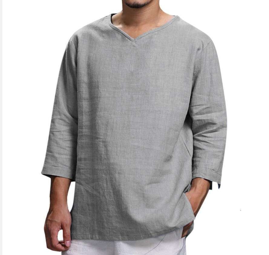 Autumn New Trade Men's Top Long Sleeved V-Neck Cotton En Loose Ing B2