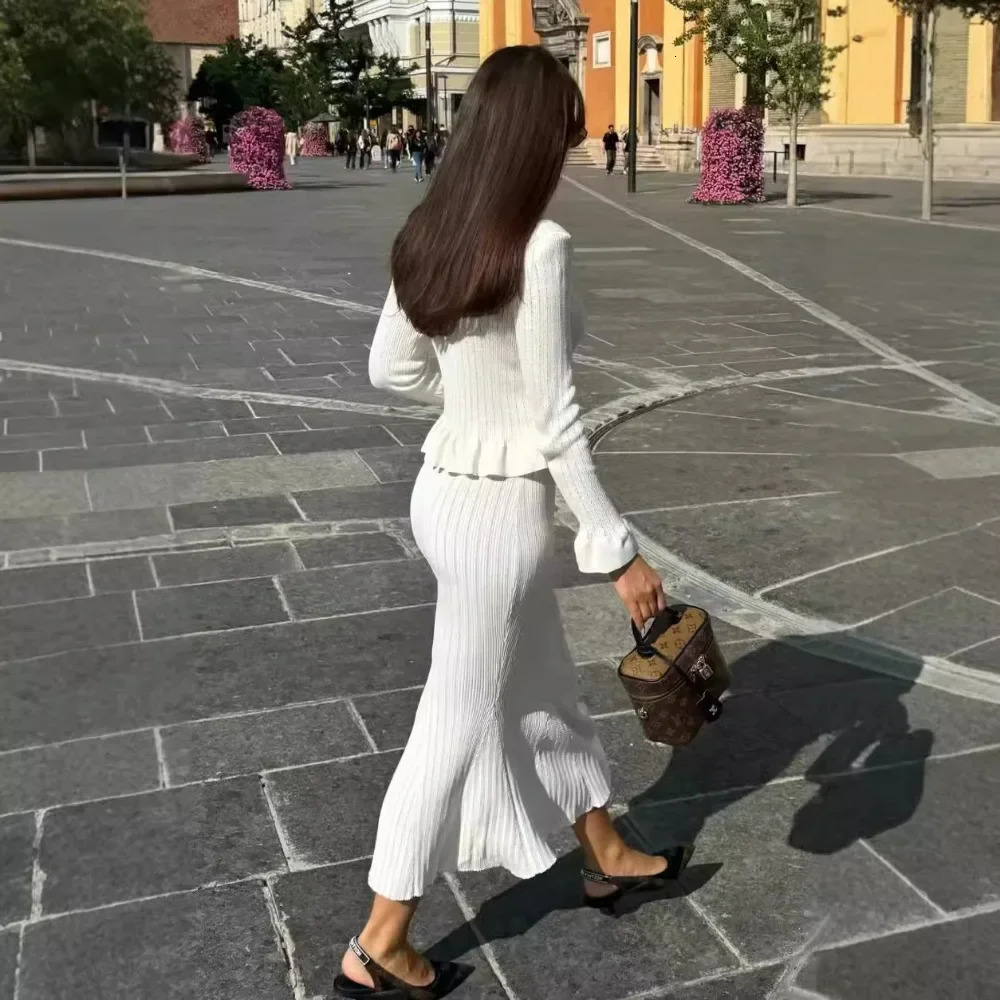 Elegant Knitted Skirt Sets Women Fashion Ruffle Sweater and Midi Outfits Autumn Winter Long Sleeve Slim Party Two Piece Set 2024 241125