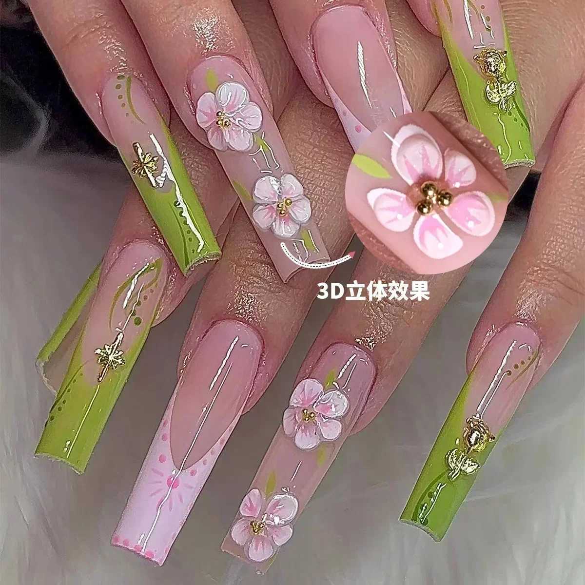 24pcs pink fake nails long coffin fake nail star with French design wearable ballet troupe nail full set nail tip artW241125